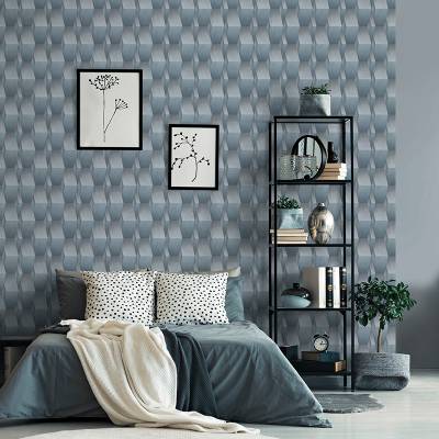 Raumbeispiel stylischer Schlafbereich mit 3D Tapete in blaugrau von GMK bei Heineking24